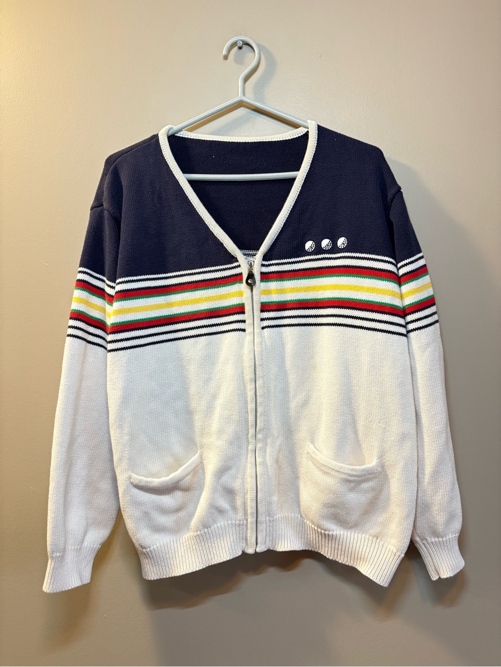 Golf Striped Zip Front Cardigan - Navy & White with Rainbow Stripes